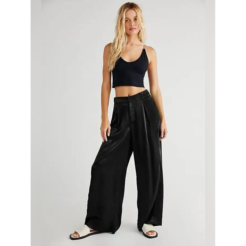 Free People Good Days Satin Wide Leg Trouser Pants Black L